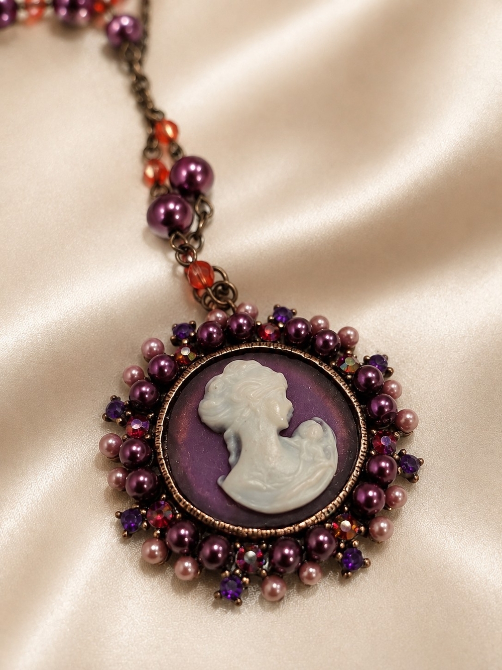Vintage Purple Cameo Pendant Necklace with Pearl Accents